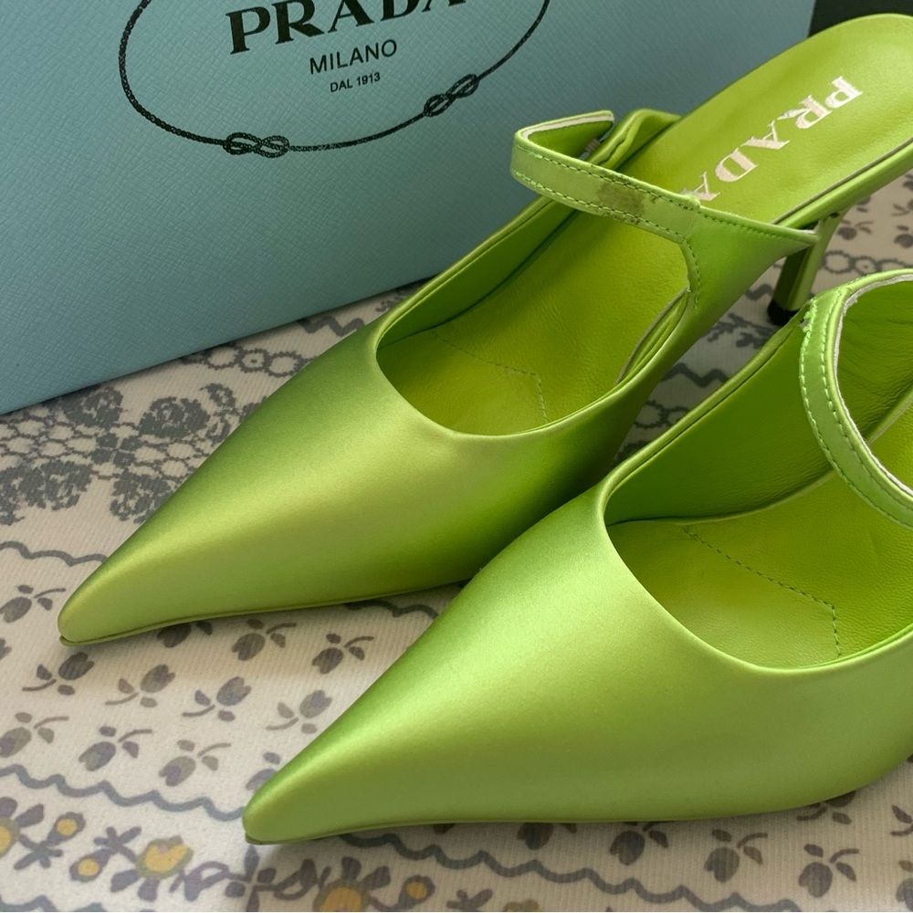 PRADA Lime Green Satin Pointed Toe Slingback Mules - Picture 2 of 4